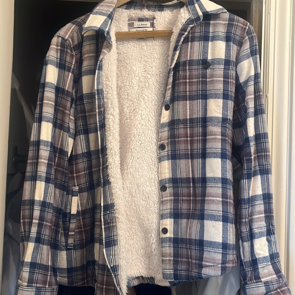 L.L. Bean Women's Blue and Brown Plaid Sherpa Jacket